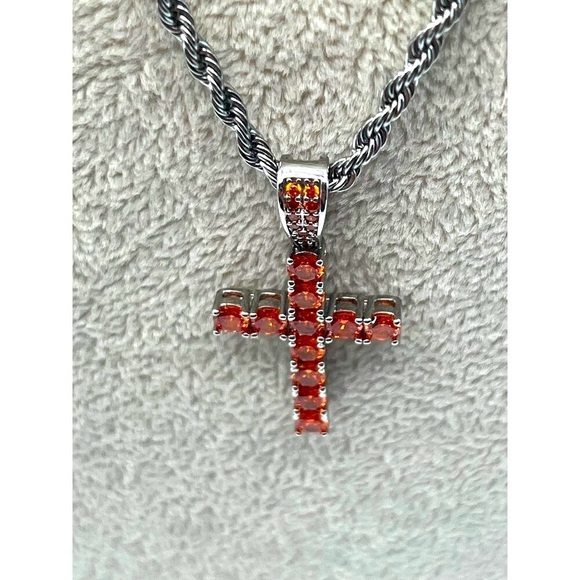 Stainless Steel Chain Necklace With Orange Rhinestone Cross Pendant.   A83 - Picture 6 of 9